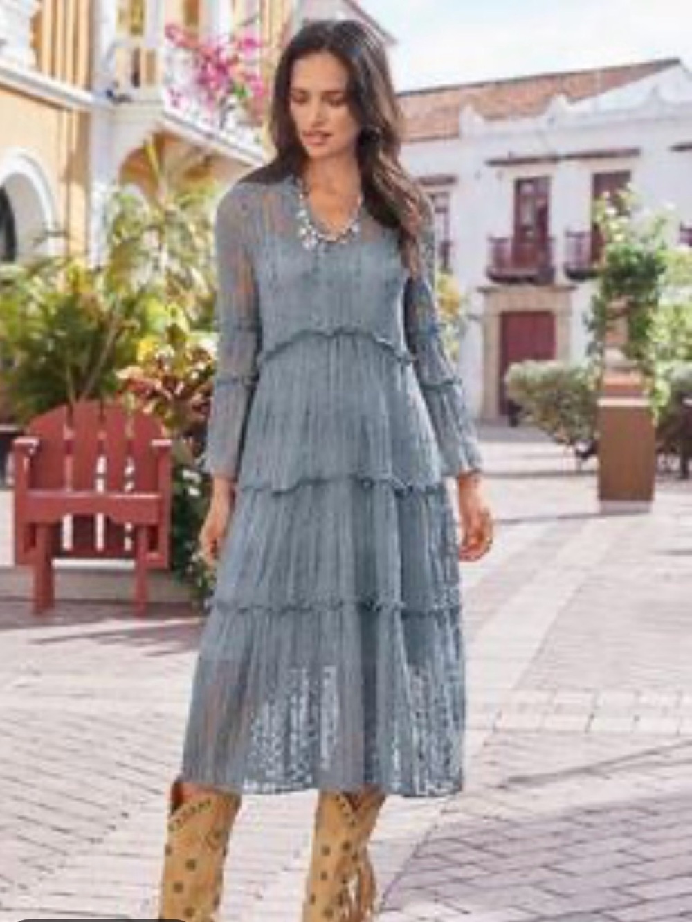 Sundance Ellery Dress Tiered Ruffled Lace Midi Dress Dusty Blue Size Medium